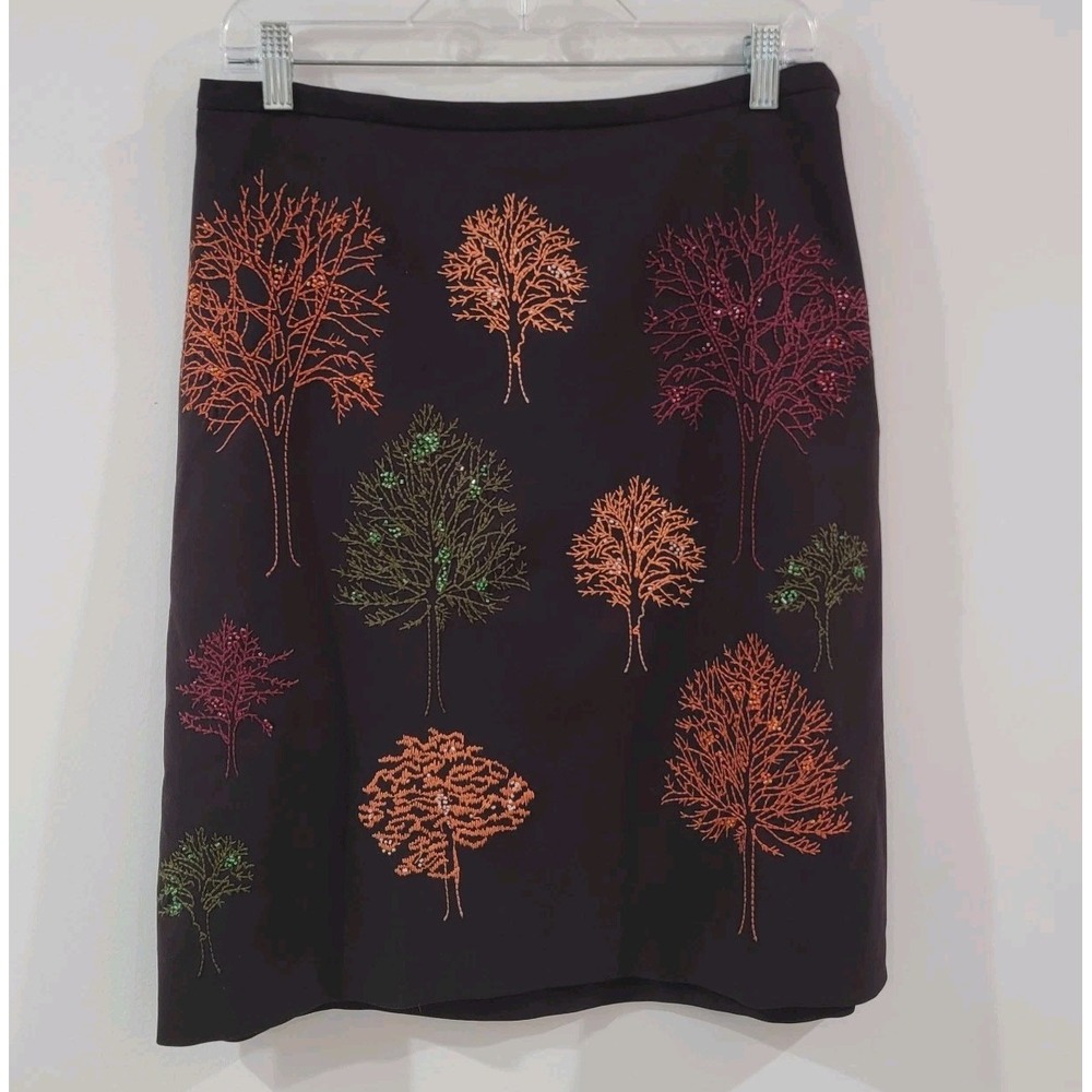 Vintage Womens Pencil Skirt Size 12 P Brown Beaded Tree‎ Novelty Indie Fall